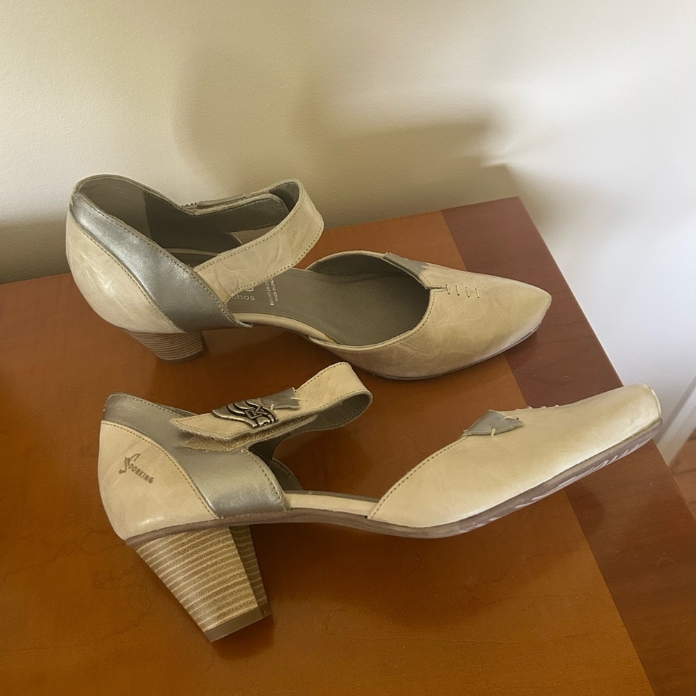 Beautiful shoes  tan With silver trim  with decorative strap secure by Velcro